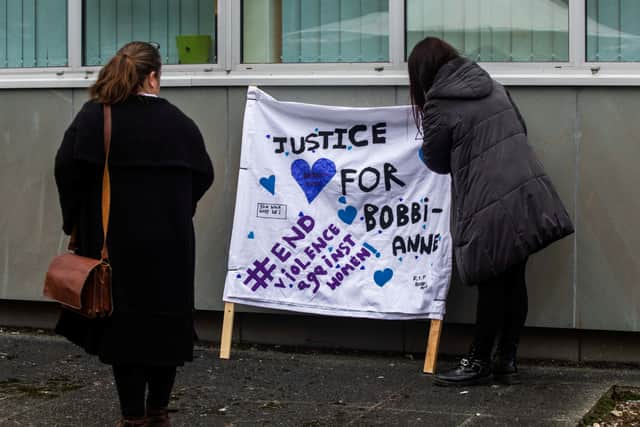 People campaign for justice at the Plymouth Crown Court in Devon at a previous hearing.