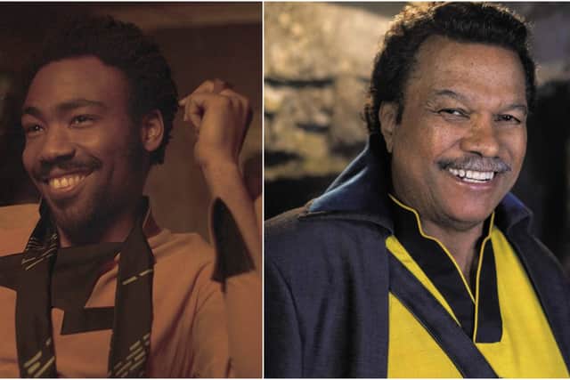 An image of Donald Glover as the young Lando Calrissian in Solo; an image of Billy Dee Williams as Lando Calrissian in The Rise of Skywalker (Credit: Lucasfilm)