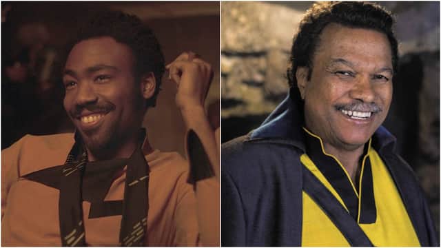 An image of Donald Glover as the young Lando Calrissian in Solo; an image of Billy Dee Williams as Lando Calrissian in The Rise of Skywalker (Credit: Lucasfilm)