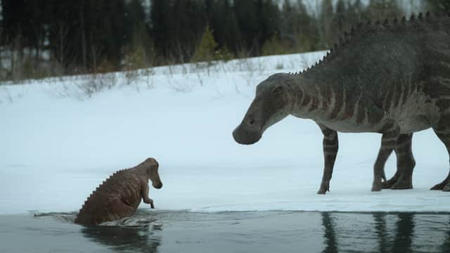 Edmontosaurus and a juvenile survive in freezing temperatures