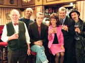 Sid (Roy Heather), Denzil (Patrick Barber), Trig (Roger Lloyd Pack), Marlene (Sue Holderness), Boycie (John Challis) and Mickey Pearce (Patrick Murray) in the Christmas Day special of Only Fools and Horses (Photo: BBC/PA)