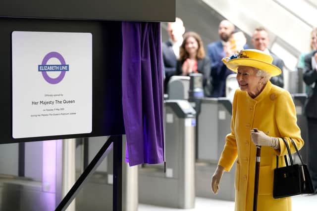 ueen Elizabeth II unveils a plaque to mark the Elizabeth line's official opening at Paddington Station on May 17, 2022 in London, England. (Photo by Andrew Matthews - WPA Pool/Getty Images)