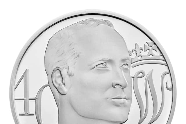 The UK £5 silver proof coin, unveiled ahead of the Duke of Cambridge’s 40th birthday on June 21.