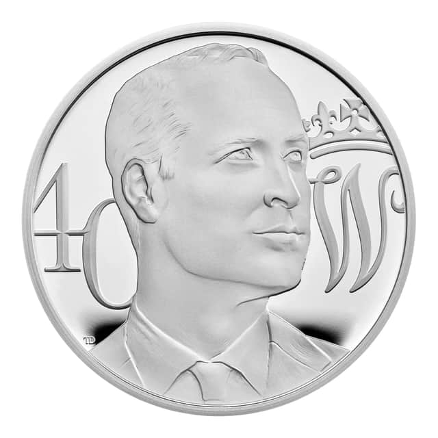 The UK £5 silver proof coin, unveiled ahead of the Duke of Cambridge’s 40th birthday on June 21.