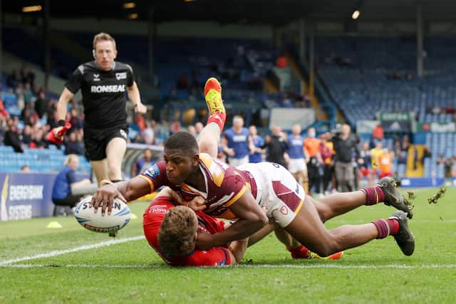 Huddersfield’s Jermaine McGillvary scores his side’s third try in Challenge Cup semi final