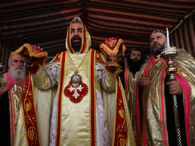 Syrian Orthodox Archbishop of Jerusalem, Swerios Malki Murad leads a procession for at the Chapel of the Ascension on Mount of Olives in Jerusalem on May 13, 2010.