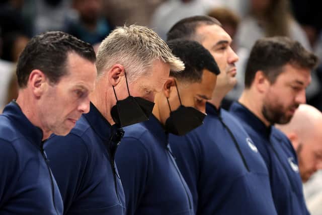 Golden State Warriors Coach Steve Kerr stands for a moment of silence for the victims of the mass shooting in Uvalde, Texas (Pic: Tom Pennington/Getty Images)