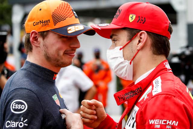 Leclerc, right, must break curse to keep up with Verstappen, left.