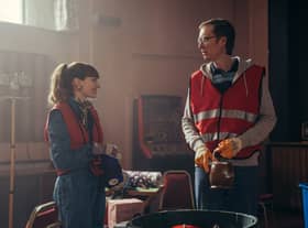 Eleanor Tolinson as Gabby and Stephen Merchant as Greg in The Outlaws (Credit: James Pardon/BBC/Big Talk/Four Eyes)