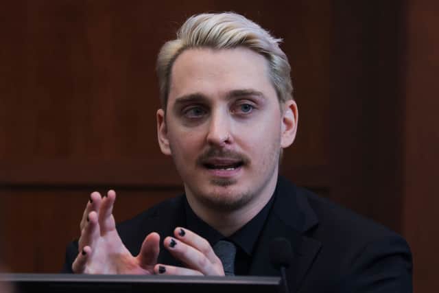 Morgan Tremaine, a former employee of the news organisation TMZ, gestures as he testifies in the courtroom during actor Johnny Depp’s defamation trial against his ex-wife Amber Heard.