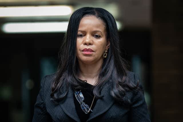MP Claudia Webbe leaves Southwark Crown Court, south London, after she lost her appeal against her conviction for harassing a love rival. (image: PA) 