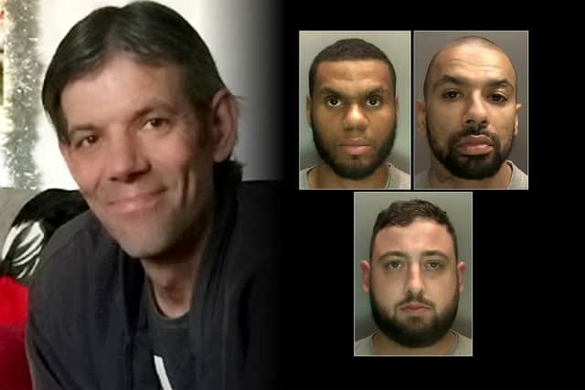 Three men have been found guilty of beating dad-of-five  Carl Woodall (left) to death. Pictured top right, Simmion Goldbourne, Mark Campbell. Bottom right James McGhee.