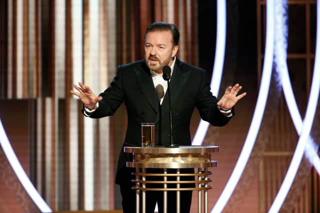 Ricky Gervais speaks onstage during the 77th Annual Golden Globe Awards at The Beverly Hilton Hotel on January 5, 2020 in Beverly Hills, California (Photo by Paul Drinkwater/NBCUniversal Media, LLC via Getty Images)