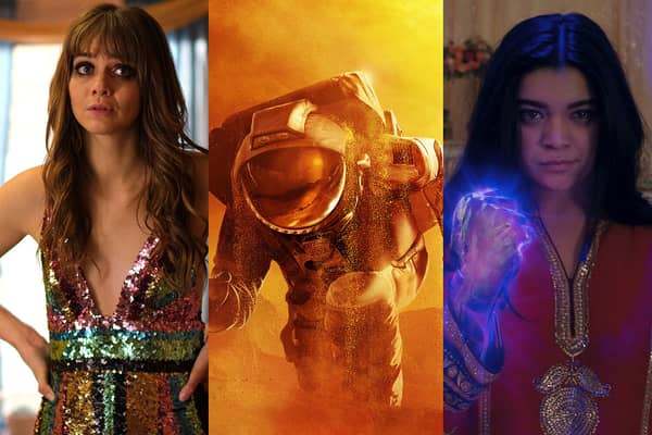 Emma Applegate in Everything I Know About Love, an astronaut in For All Mankind, and Iman Vellani in Ms Marvel (Credit: BBC One; Apple TV+; Disney+)