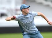 England bowler Matthew Potts in fielding action during an England nets session ahead of the test series against New Zealand (Photo by Stu Forster/Getty Images)