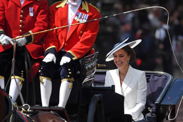 Duchess of Cambridge waves during the Trooping the Colour parade on June 02, 2022 in London, England (Getty Images)