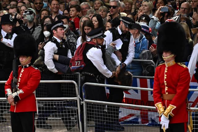 Police escort protestors away from the Mall during the Queen’s Birthday Parade (AFP via Getty Images)