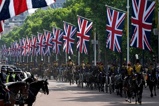 King’s Troop, Royal Horse Artillery ride down  during the Trooping the Colour parade  on June 02, 2022 in London, England (Getty Images)