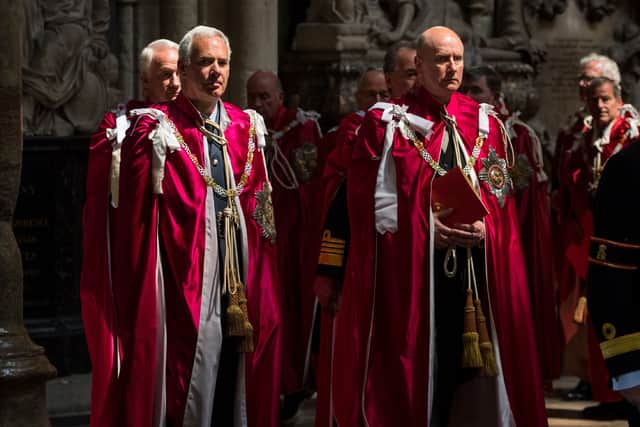 Knights of the Order of the Bath process through Westminster Abbey, London on May 24, 2018, during the Order of the Bath service