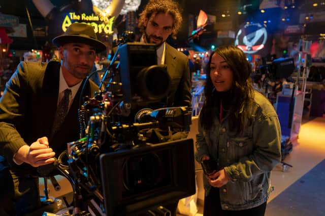 Directors Adil El Arbi and Bilall Fallah, and Executive Producer Sana Amanat behind the scenes of Marvel Studios’ Ms Marvel (Credit: Daniel McFadden)