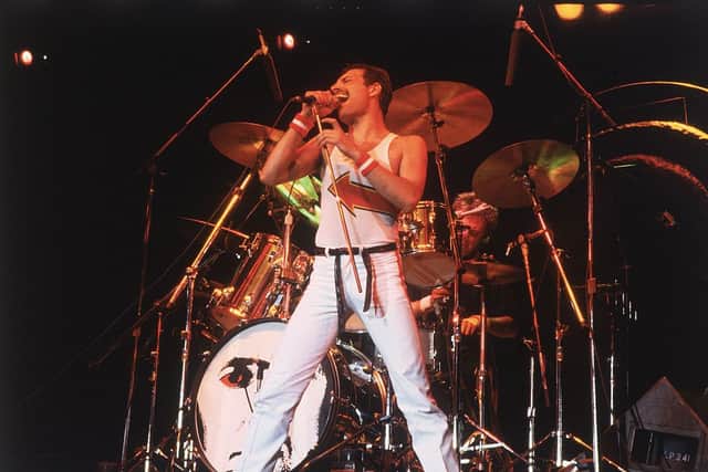 5th June 1982:  Freddie Mercury (1946 - 1991), lead singer of 70s hard rock quartet Queen, in concert in Milton Keynes (Photo by Hulton Archive/Getty Images)