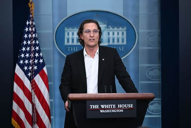 Matthew McConaughey speaks during the daily briefing in the James S Brady Press Briefing Room of the White House (Photo by BRENDAN SMIALOWSKI/AFP via Getty Images)