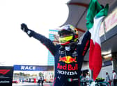 Sergio Perez celebrates his 2021 win at Azerbaijan Grand Prix