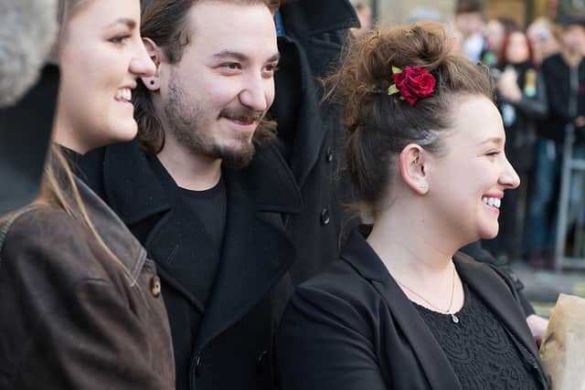 (L-R) Bonnie Mayall, Sidney Mayall and Rosie Mayall attend as a memorial bench for the late Rik Mayall is unveiled on November 14, 2014 in London, England.  (Photo by Ian Gavan/Getty Images)