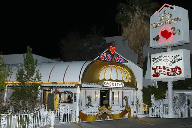 Exterior view of A Little White Chapel where recording artist Britney Spears and childhood friend Jason Allen Alexander were married early in the morning on January 03, 2004  (Photo by Frederick M. Brown/Getty Images)