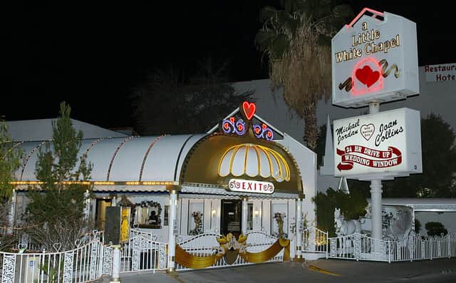 Exterior view of A Little White Chapel where recording artist Britney Spears and childhood friend Jason Allen Alexander were married early in the morning on January 03, 2004  (Photo by Frederick M. Brown/Getty Images)