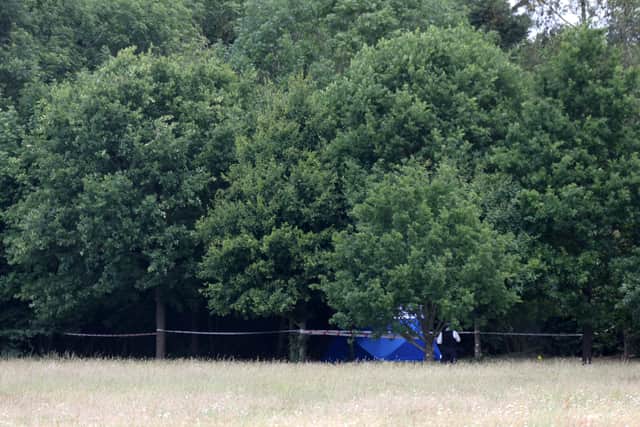 A blue forensic tent has been constructed in Belvue Park, west London after the body of a man was found on fire. (Credit: PA)