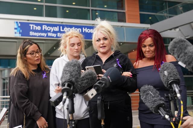 Archie Battersbee’s mother, Hollie Dance, (centre-right) speaking outside the Royal London Hospital in Whitechapel, east London, after the High Court judgement (PA)