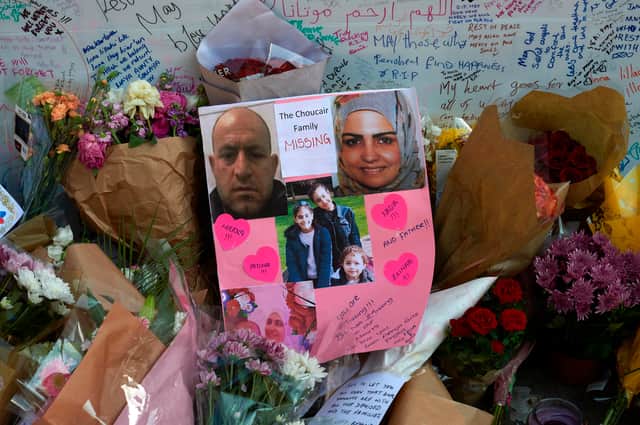Images of members of the Choucair family among the floral tributes days after the fire.