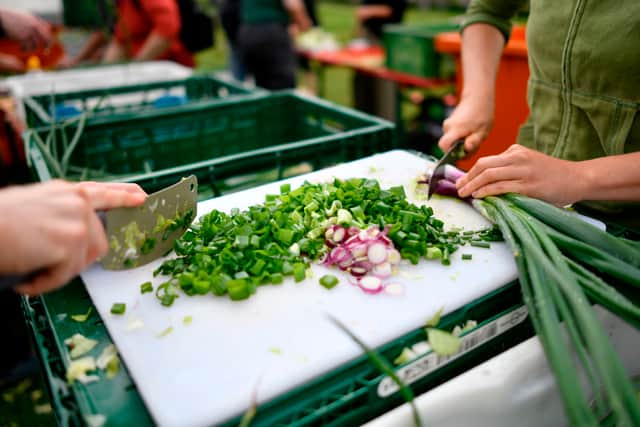 olunteers cut spring onions ist the kitchen of a makeshift camp of European climate activists on June 20, 2019 in Viersen, western Germany