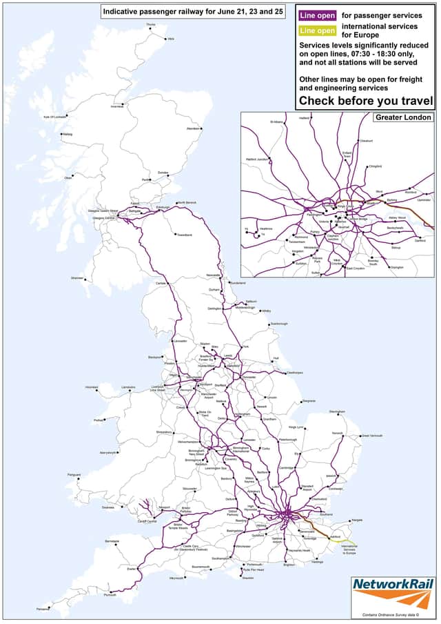 Map showing the open lines during strike days, June 2022 (Map: Network Rail)