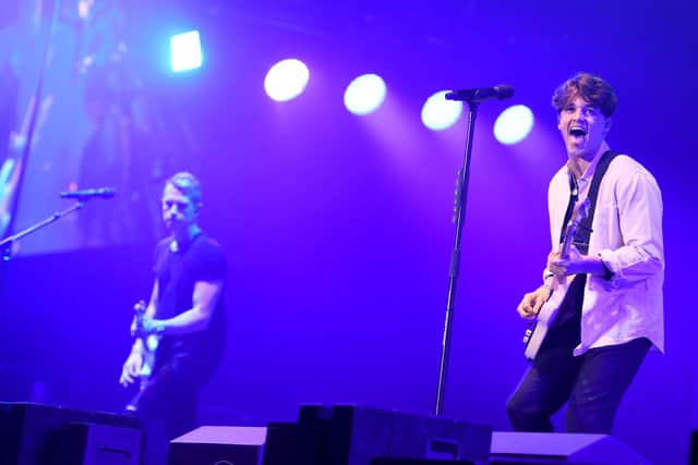 James McVey and Bradley Simpson of The Vamps perform on stage during Free Radio Hits Live at Arena Birmingham on May 04, 2019 in Birmingham, England. (Photo by Jeff Spicer/Getty Images)