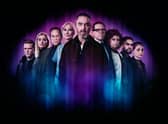 A promotional image for Channel 4 crime drama Suspect. L-R: Sam Heughan, Anne-Marie Duff, Richard E. Grant, Joely Richardson, James Nesbitt, Ben Miller, Antonia Thomas, Sacha Dhawan and Niamh Algar, blurring into a purple background. (Credit: Channel 4)