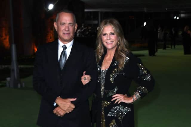 Tom Hanks and wife US actress Rita Wilson arrive for the Academy Museum of Motion Pictures opening gala on September 25, 2021 in Los Angeles, California. (Photo by VALERIE MACON/AFP via Getty Images)