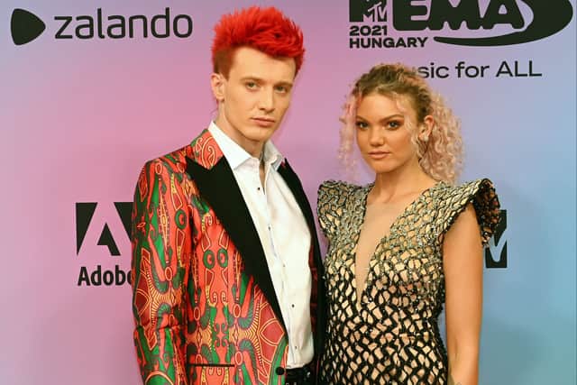 Jack Saunders (L) and Becca D pose on the red carpet as they arrive for the MTV Europe Music Awards in Budapest, 2021 (Pic: AFP via Getty Images)