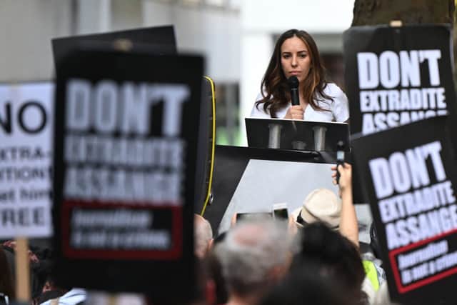 Stella Assange, wife of WikiLeaks founder Julian Assange, delivers a speech in front of the Home Office building (Photo by JUSTIN TALLIS/AFP via Getty Images)