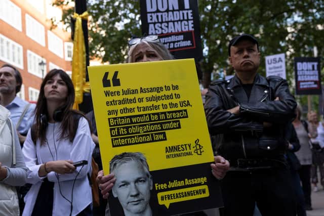 Protesters gather outside the Home Office to Demand Julian Assange’s Immediate release on May 17, 2022 in London, England (Photo by Dan Kitwood/Getty Images)