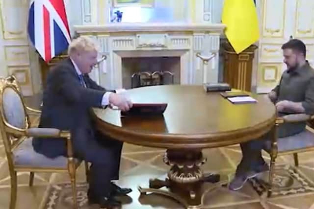 Boris Johnson sat down to speak with President Volodymyr Zelensky after visiting Kyiv for a second time. (Credit: PA) 