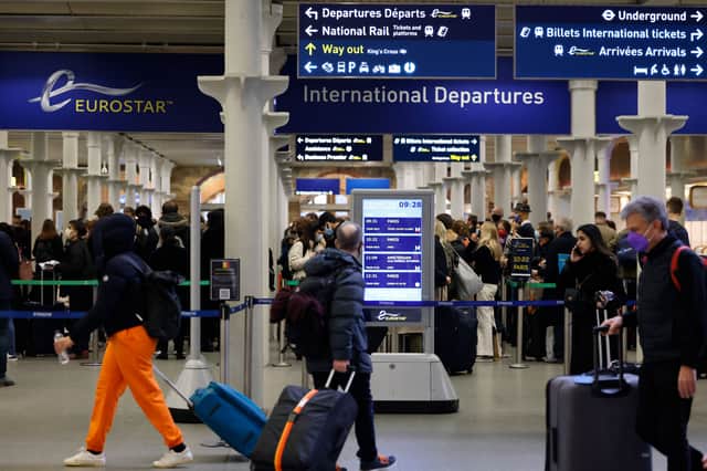 Passengers queue to board Eurostar trains at St Pancras International station in London, 2021 (Pic: AFP via Getty Images)
