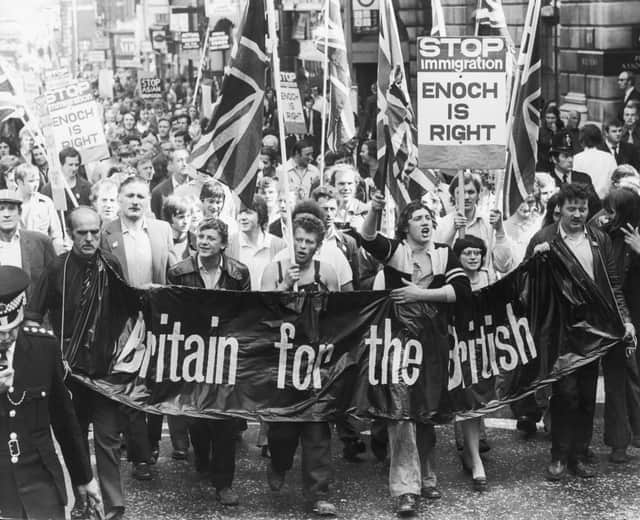 Smithfield meat porters march on the Home Office, bearing a petition which calls for an end to all immigration into Britain, 25th August 1972. (Photo by Keystone/Hulton Archive/Getty Images)