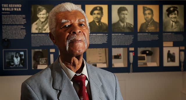 Former Windrush passenger and member of the RAF Sam King MBE in the exhibition ‘From War To Windrush’ at the Imperial War Museum (Photo by Cate Gillon/Getty Images)