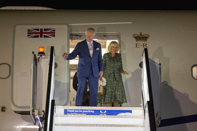 Prince Charles, Prince of Wales and  Camilla, Duchess of Cornwall arrive to attend the The Commonwealth Heads of Government Meeting (CHOGM) on June 21, 2022 in Kigali, Rwanda.
