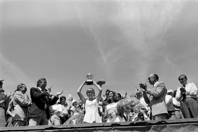 Barker winning her French Open title in 1976