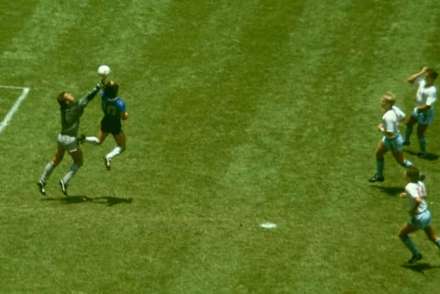 Argentina player Diego Maradona outjumps England goalkeeper Peter Shilton to score with his ‘Hand of God’  (Pic: Getty Images)