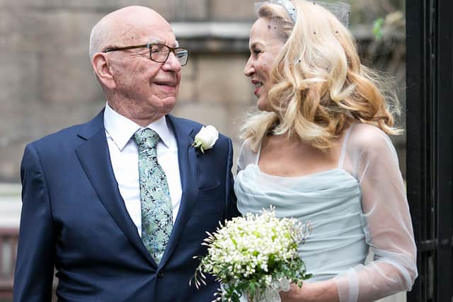 Rupert Murdoch and Jerry Hall seen leaving St Brides Church after their wedding on March 5, 2016 in London, England.  (Photo by John Phillips/Getty Images)