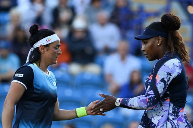 Williams, right, made her return to the courts at Eastbourne International this year with Ons Jabeur, left.